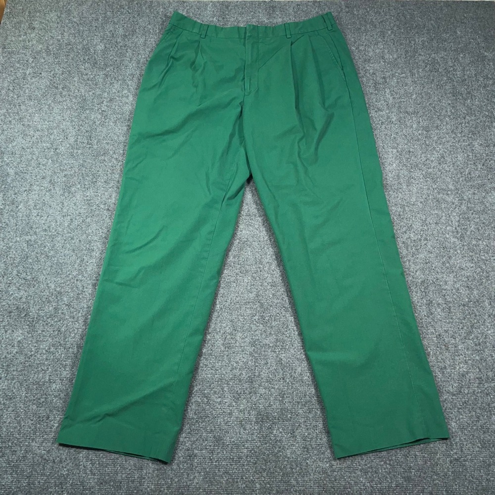 VTG Lands End Double Pleated Chino Pants Men 36x32 Made in USA Green Preppy Frat